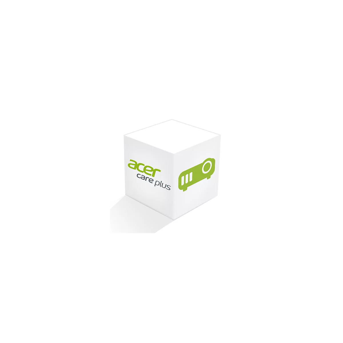 Ein weißer 3D-Würfel mit dem grünen Acer Care Plus Logo und einem grünen Projektor-Symbol.