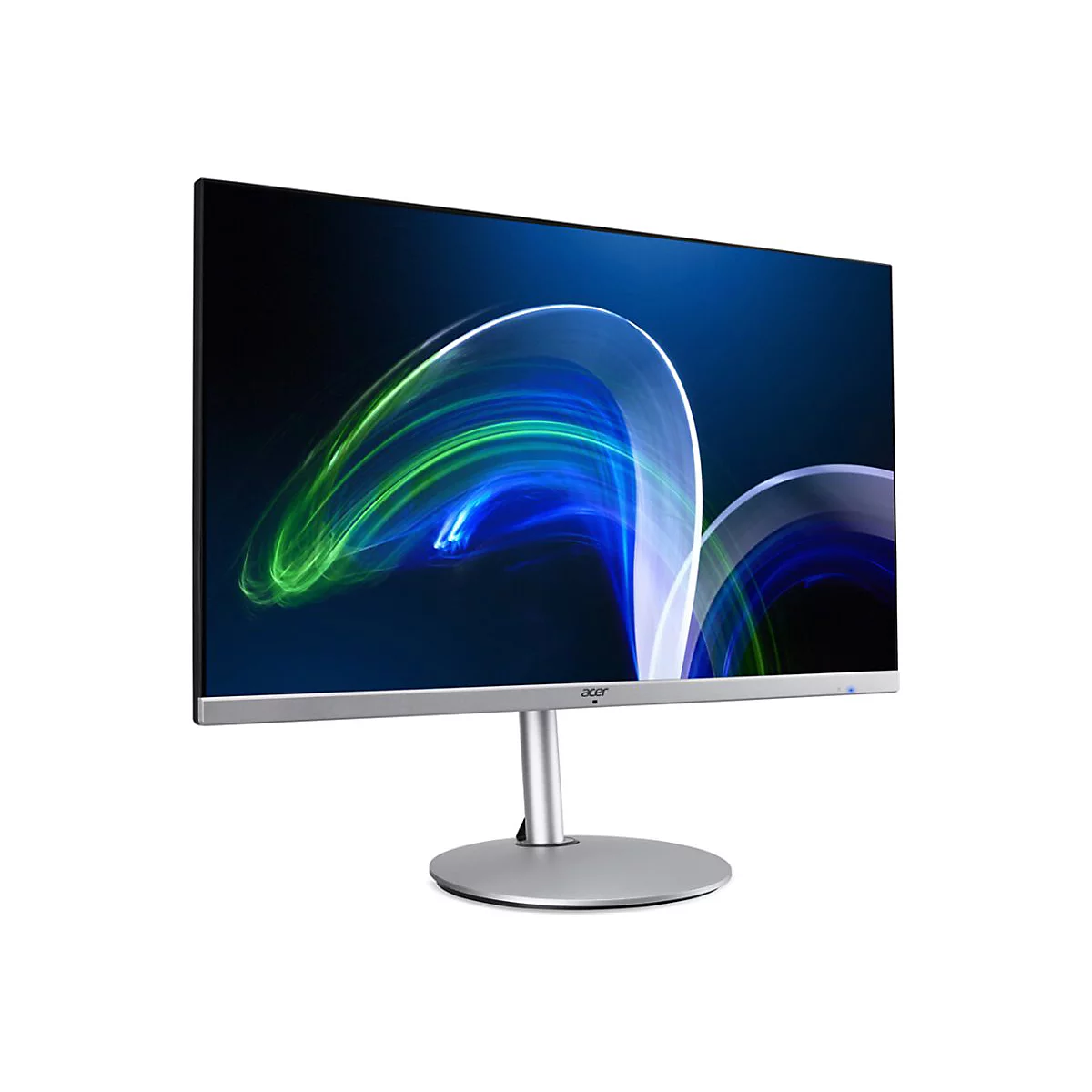 Acer Monitor mit silbernem Standfuß und dünnem Rahmen zeigt abstrakte, blaue und grüne Lichtstreifen.