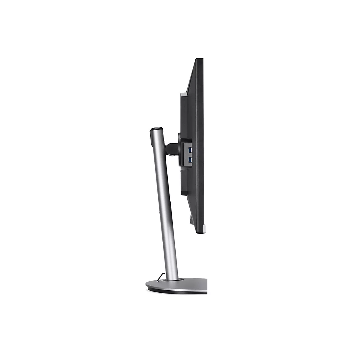 Seitenansicht eines schwarzen Computermonitors auf silbernem Standfuß mit sichtbaren USB-Anschlüssen.