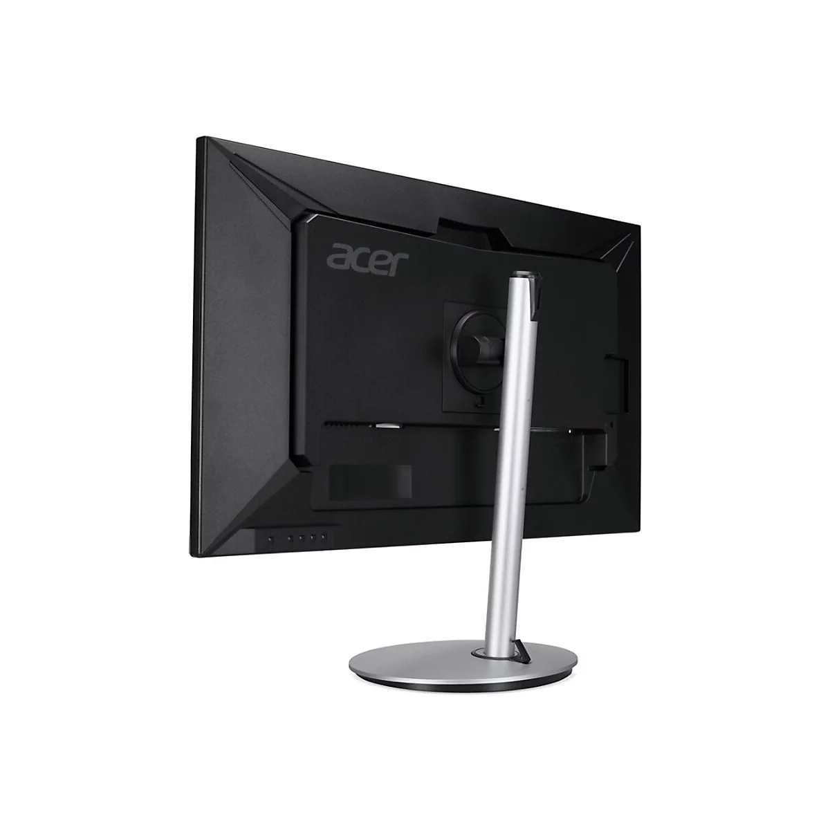 Rückansicht eines schwarzen Acer Monitors mit silbernem Standfuß vor weißem Hintergrund.