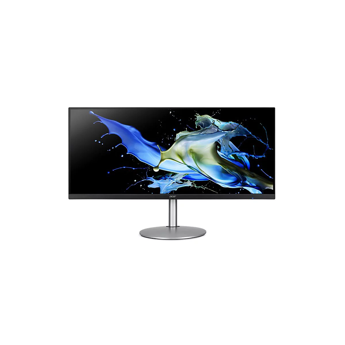 Breiter Acer Monitor mit dünnem Rand und silbernem Standfuß vor weißem Hintergrund.