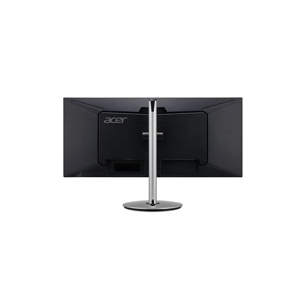 Rückansicht eines schwarzen Acer Monitors mit silbernem Standfuß auf weißem Hintergrund.