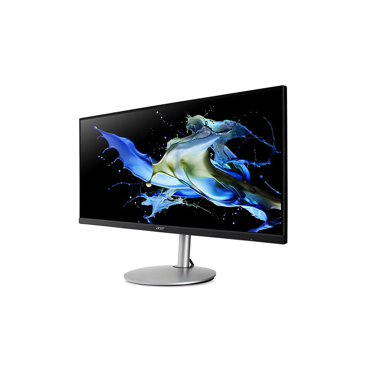 Schwarzer Acer Breitbildmonitor mit silbernem Standfuß und abstraktem, blau-grünem Farbspritzer-Display.