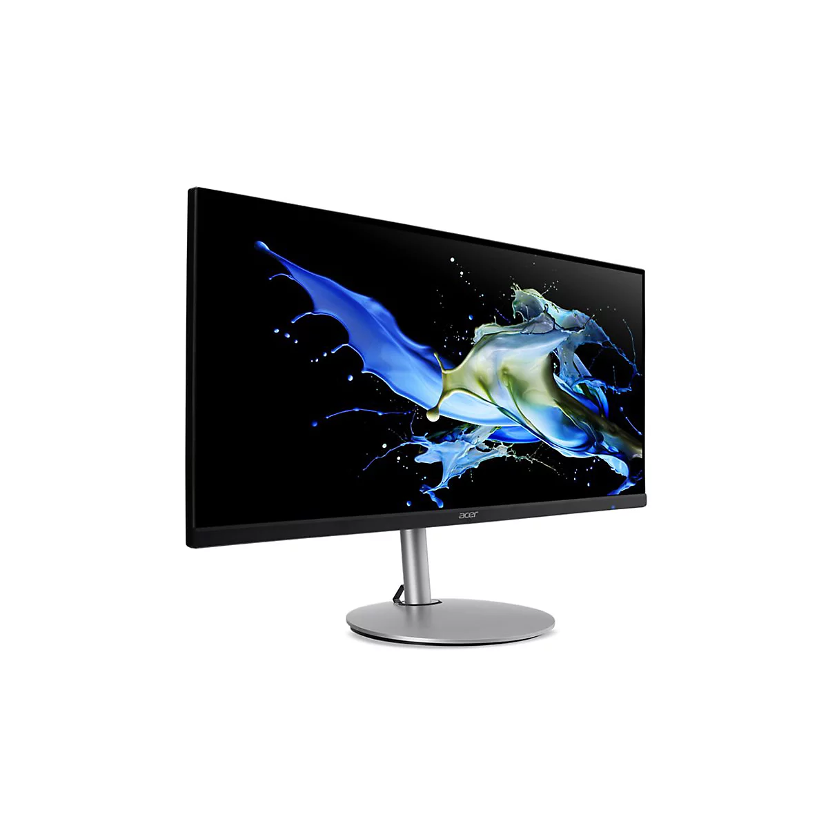 Schwarzer Acer Widescreen-Monitor mit silbernem Standfuß vor weißem Hintergrund.