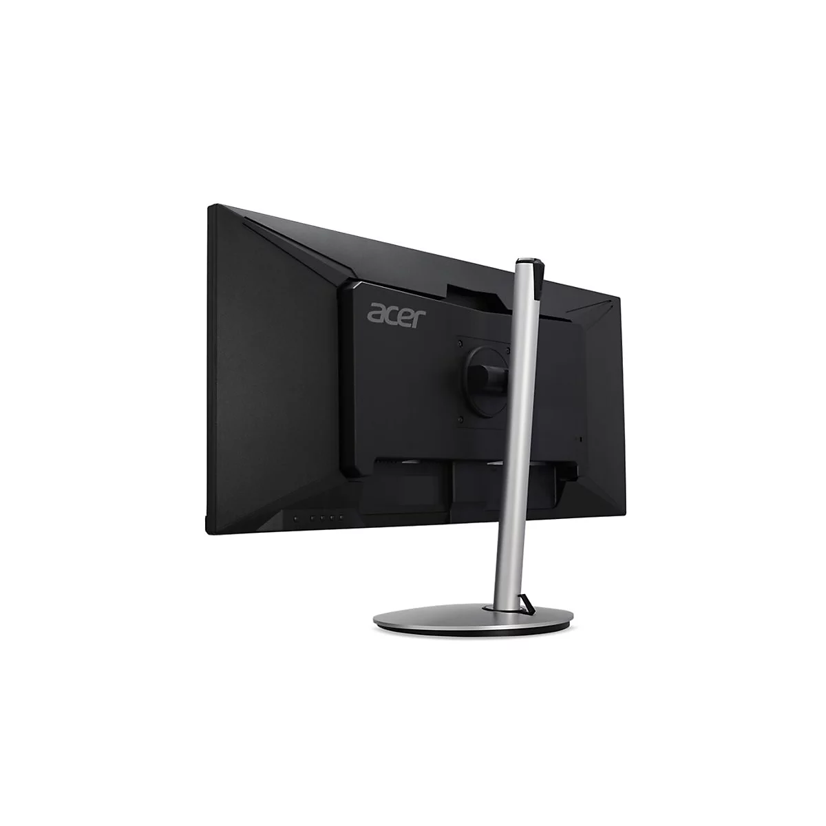 Rückansicht eines schwarzen Acer Monitors mit silbernem Standfuß vor weißem Hintergrund.