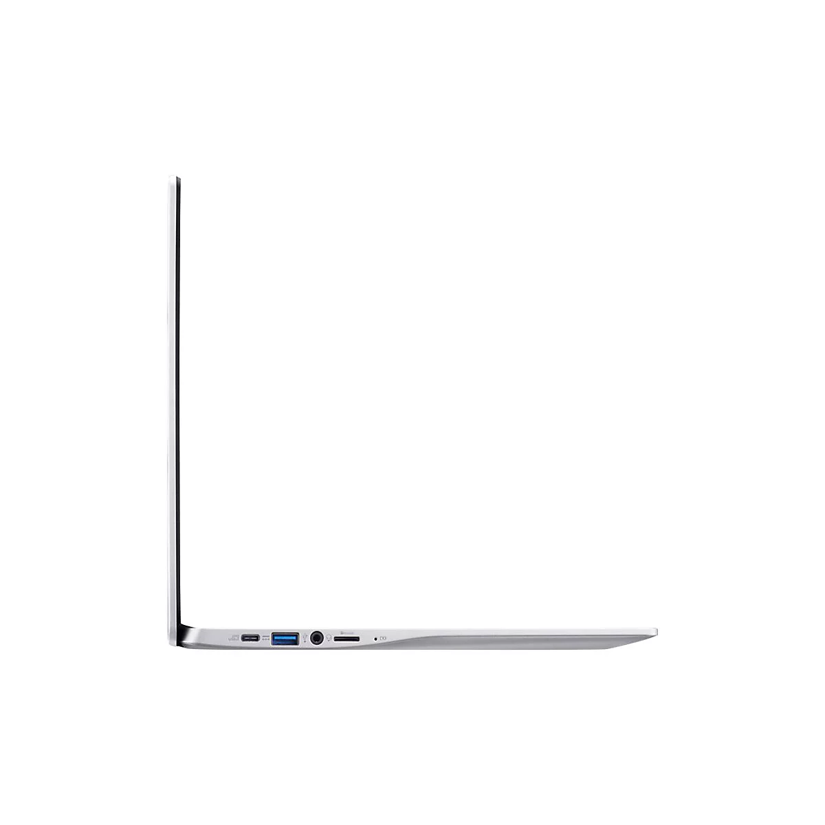 Seitenansicht eines silbernen Laptops auf weißem Hintergrund. Ports sichtbar.