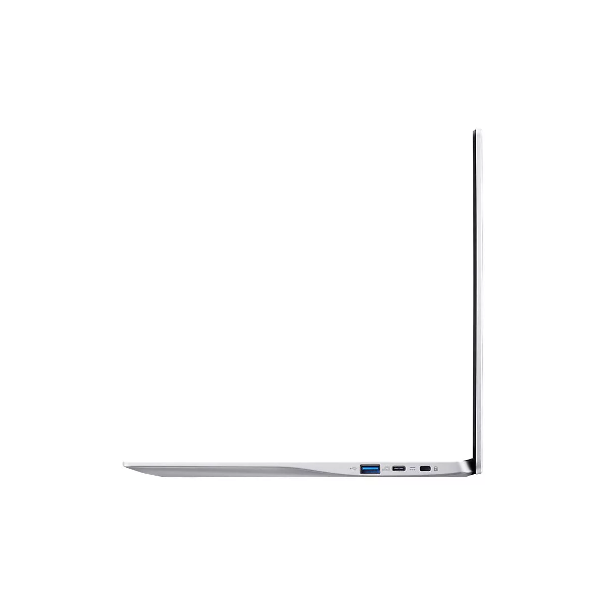 Silberner Laptop im Profil, geöffnet. Anschlüsse und USB-Ports unten.