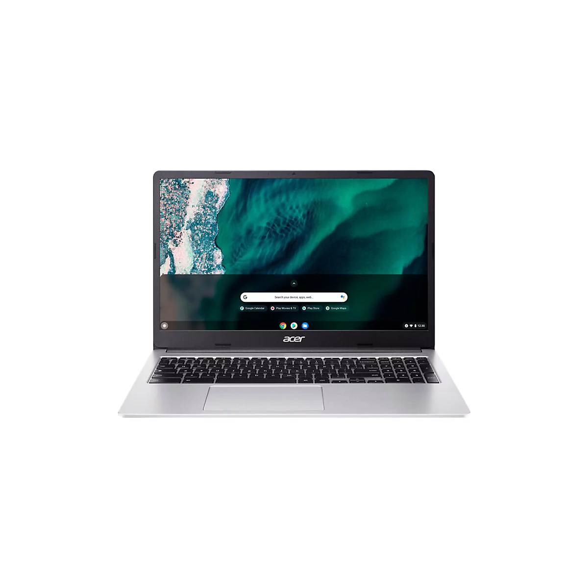 Silberfarbener Acer Laptop, Bildschirm zeigt eine grÃ¼ne Abstraktion und Suchleiste.