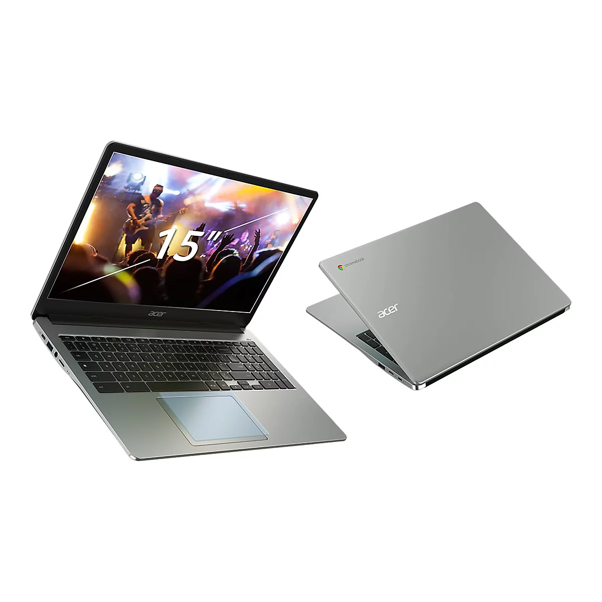 Zwei silberfarbene Laptops auf weiÃŸem Hintergrund. Einer ist geÃ¶ffnet und zeigt ein Konzert, der andere geschlossen.
