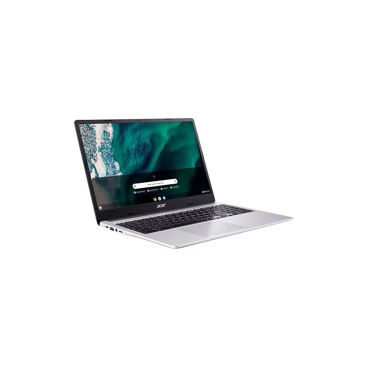 Ein silberner Acer Laptop, leicht schrÃ¤g von vorne abgebildet. Auf dem Bildschirm ist die Google-Suchleiste zu sehen.