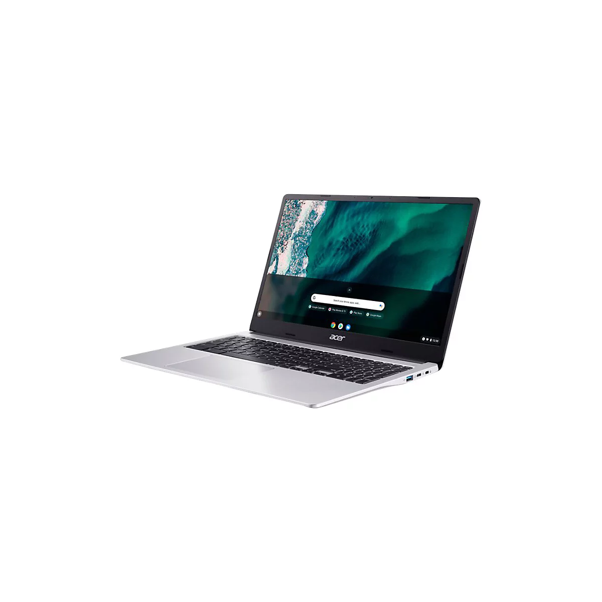 Graues Acer Chromebook, Display geÃ¶ffnet, Blick auf Tastatur und Bildschirm mit Desktop-OberflÃ¤che.
