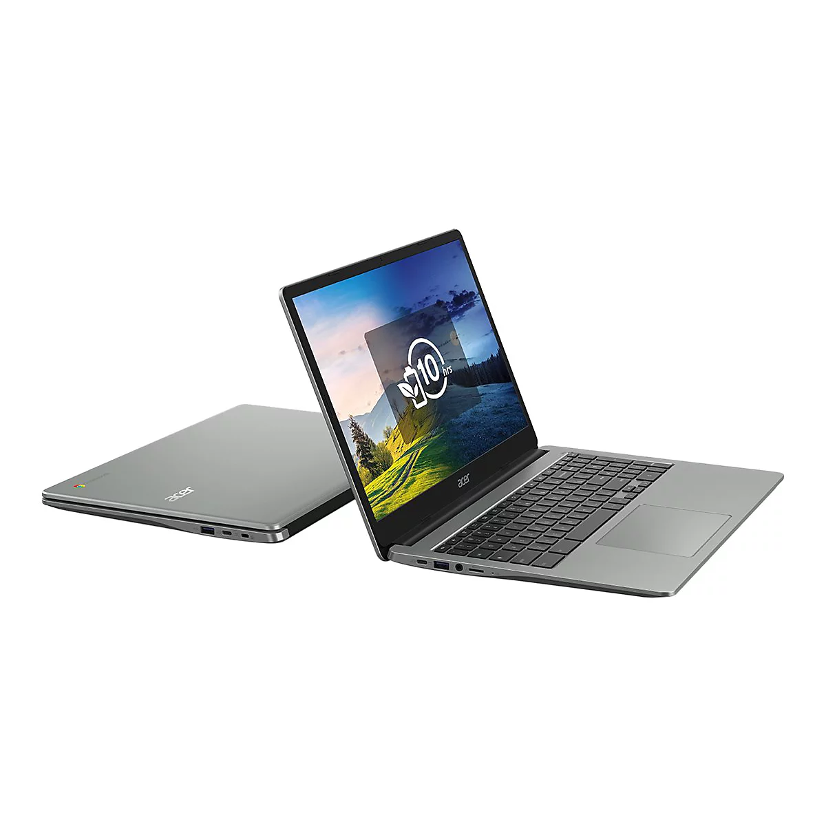 Grauer Laptop, geÃ¶ffnet und geschlossen, vor weiÃŸem Hintergrund. Der Bildschirm zeigt eine Landschaft.