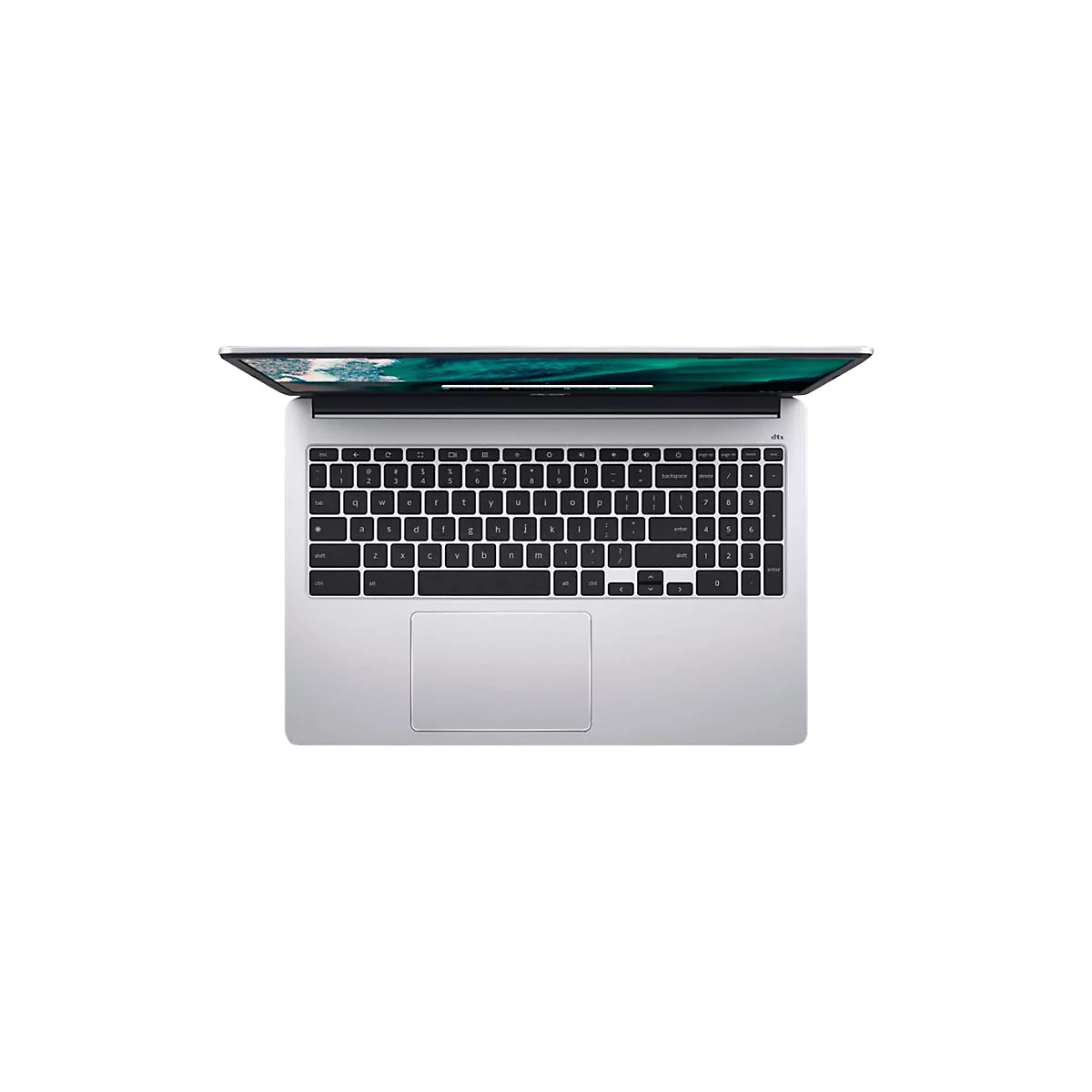 Draufsicht auf einen silbernen Laptop mit geÃ¶ffnetem Display. Schwarze Tasten, groÃŸes Touchpad. Hintergrund weiÃŸ.
