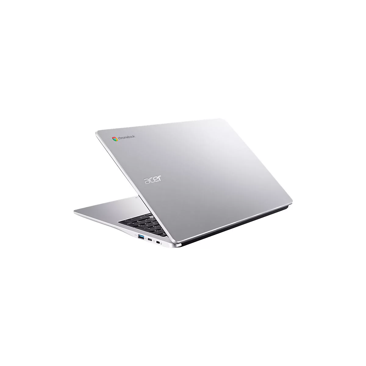 Ein silbernes Acer Chromebook, leicht angewinkelt, mit geÃ¶ffnetem Bildschirm. Das Laptop-Logo ist auf der Abdeckung und im Inneren sichtbar.