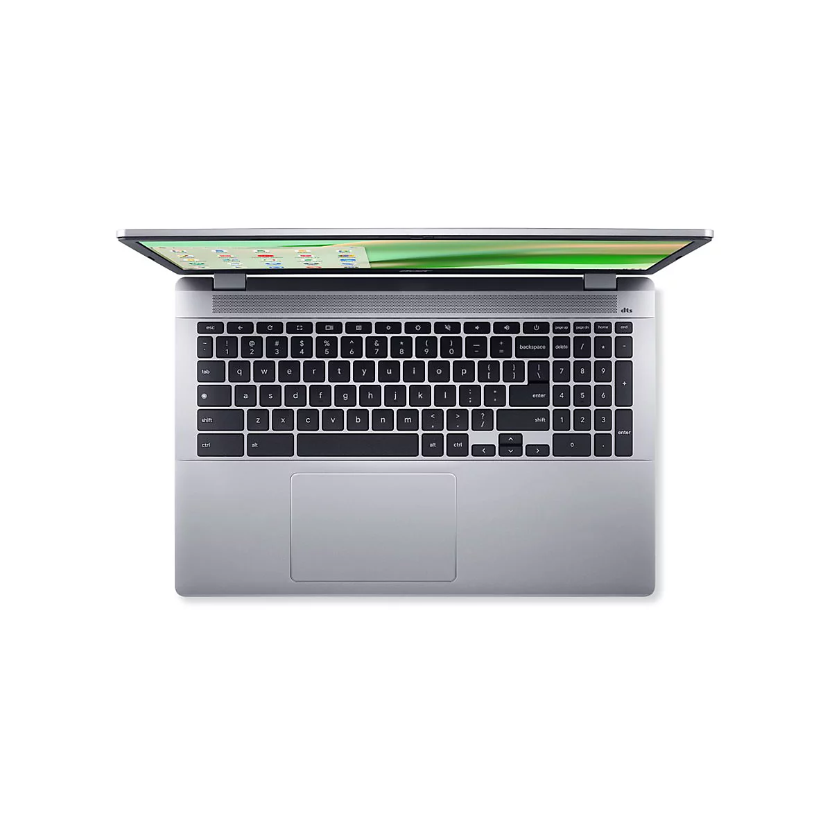 Hellgrauer Laptop von oben gesehen, Tasten schwarz, Display offen. Das Produkt liegt auf weißem Hintergrund.