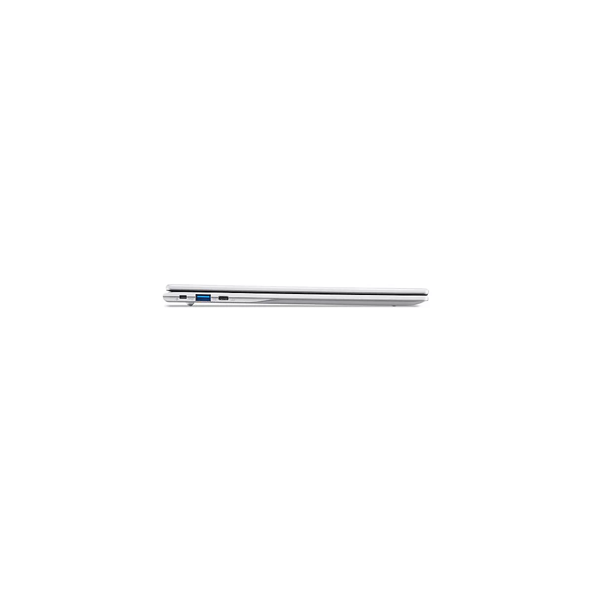 Seitenansicht eines geschlossenen silbernen Laptops mit sichtbaren Anschlüssen, darunter USB.