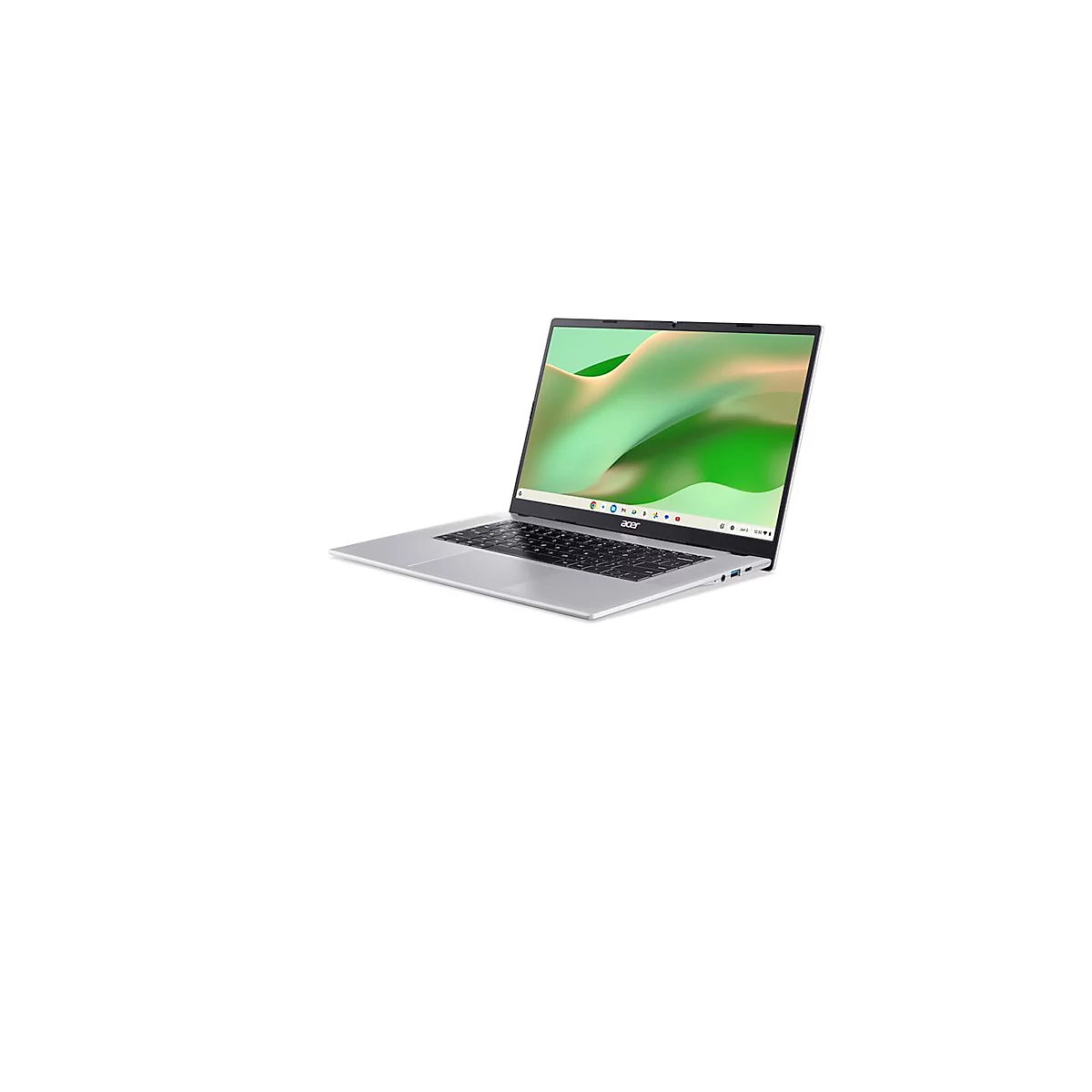 Silbernes Acer Chromebook mit geöffnetem Display vor weißem Hintergrund.