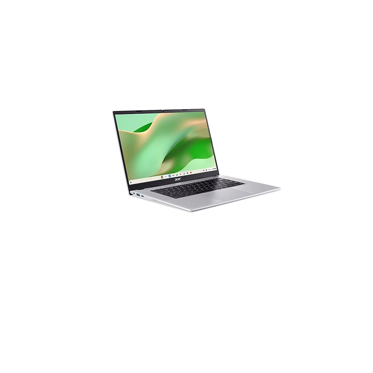 Silbernes Acer Chromebook in Perspektive vor weißem Hintergrund mit abstraktem, grünem Bildschirmhintergrund.
