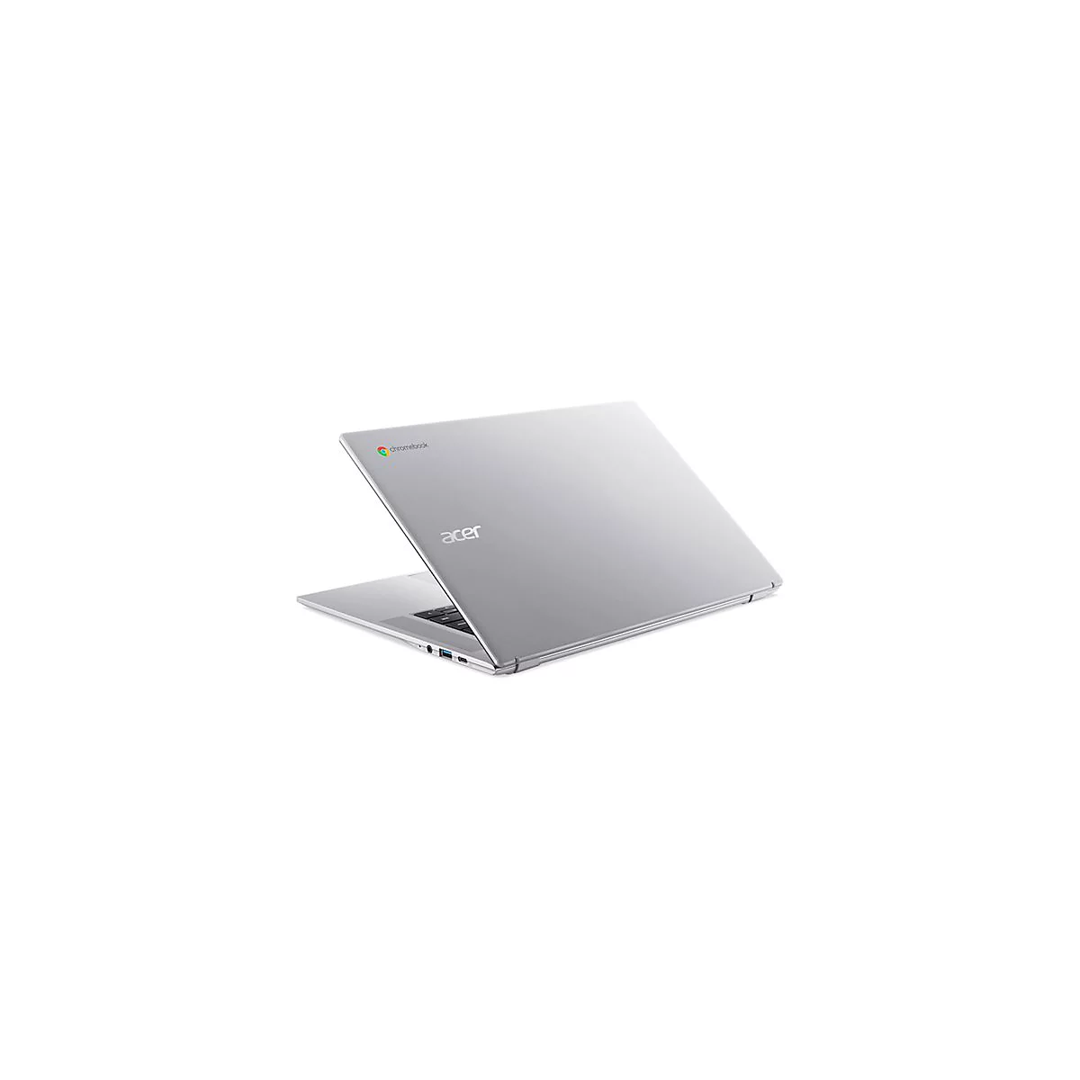 Silbernes Acer Chromebook in halb geöffneter Perspektive auf weißem Hintergrund.