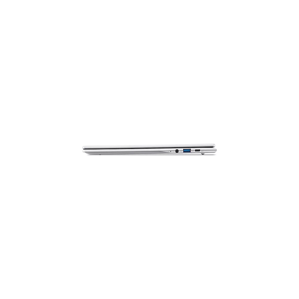 Seitenansicht eines silbernen Laptops im geschlossenen Zustand, Anschlüsse sind deutlich erkennbar.