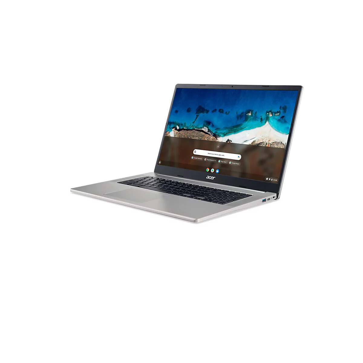 Silberner Acer Laptop im Winkel, Display mit Strandmotiv, Tastatur in Schwarz. Acer Logo sichtbar.