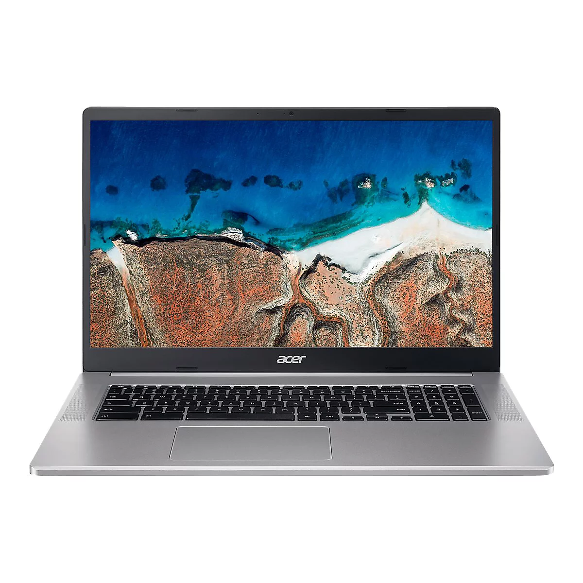 Grauer Laptop mit schwarzer Tastatur und einem Bildschirm, der eine Landschaft mit blauem Wasser und braunem Land zeigt. Das Logo "acer" ist zu sehen.