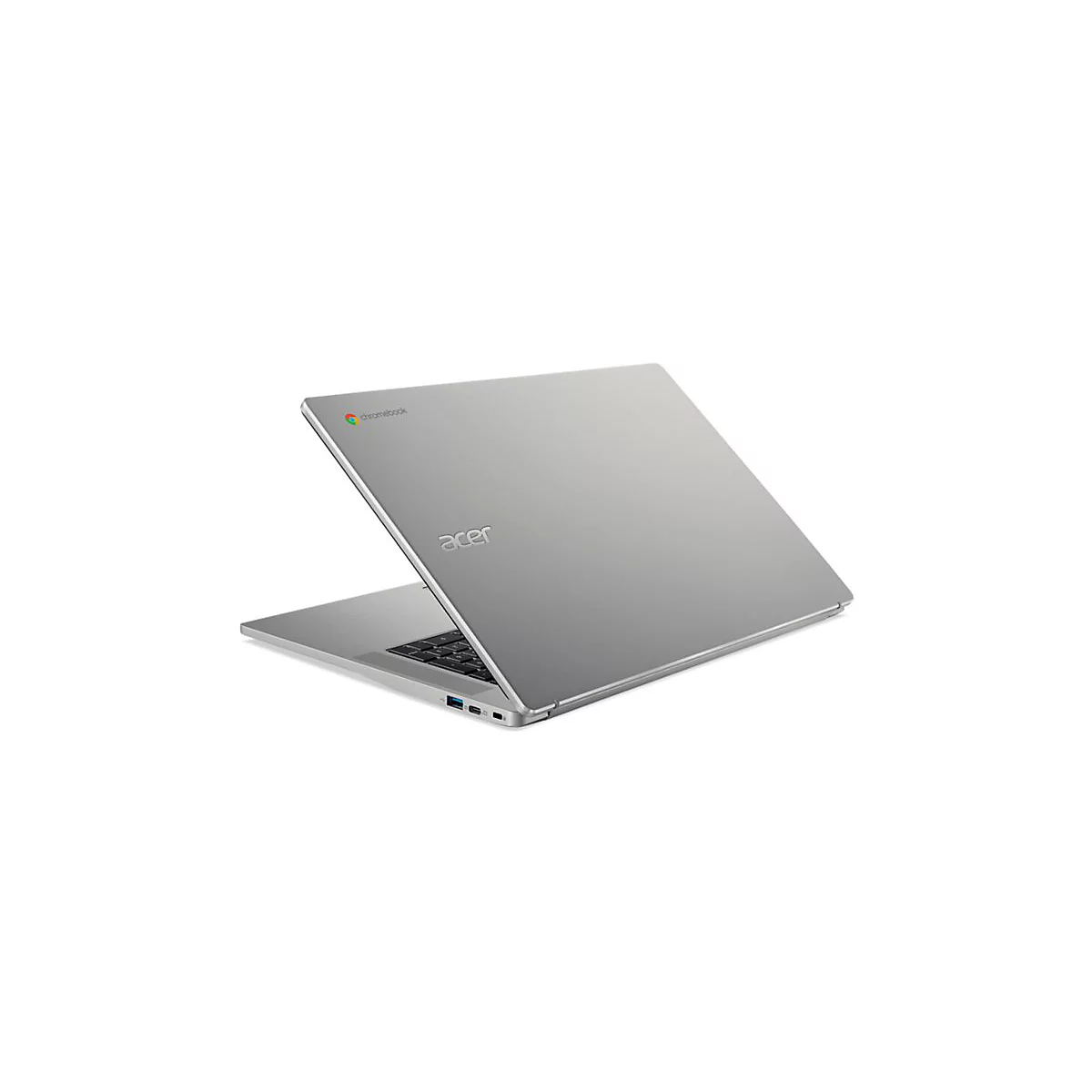 Silbernes Acer Chromebook-Laptop, leicht geöffnet, vor weißem Hintergrund. Chromebook-Logo links, Acer-Logo mittig.