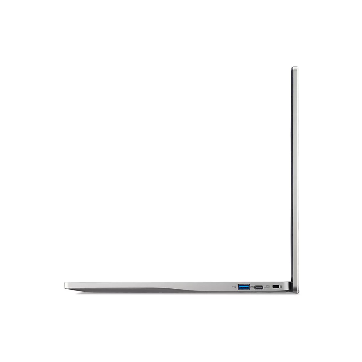 Silberner Laptop im Profil, mit geöffnetem Display. Anschlüsse erkennbar.