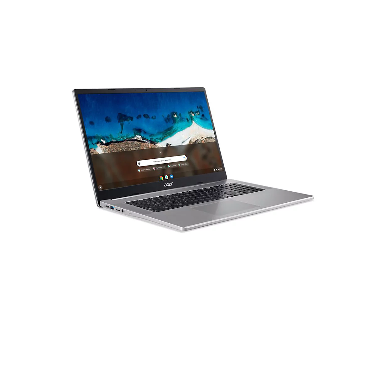 Silberfarbenes Acer Chromebook. Der Bildschirm zeigt eine Strandansicht und Google-Symbole.