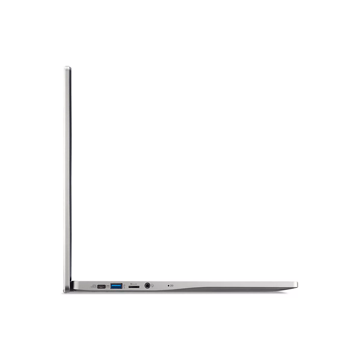 Seitenansicht eines silberfarbenen Laptops, der sich teilweise geöffnet vor weißem Hintergrund befindet.
