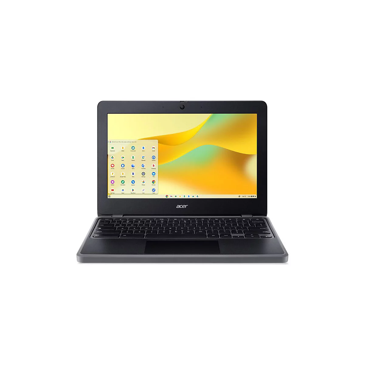 Schwarzer Acer Chromebook Laptop mit geöffnetem Bildschirm, der das App-Menü zeigt. Der Bildschirmhintergrund ist gelb und hat eine Webcam.