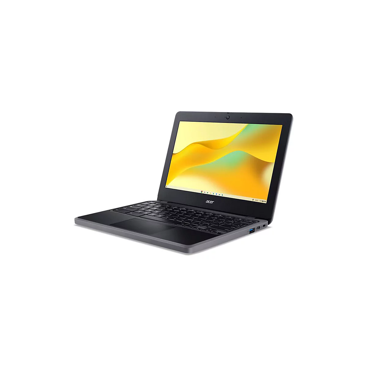 Schwarzes Acer Chromebook, halb geöffnet, auf weißem Hintergrund. Der Bildschirm zeigt ein gelbes Muster. Das Logo 'acer' ist sichtbar.