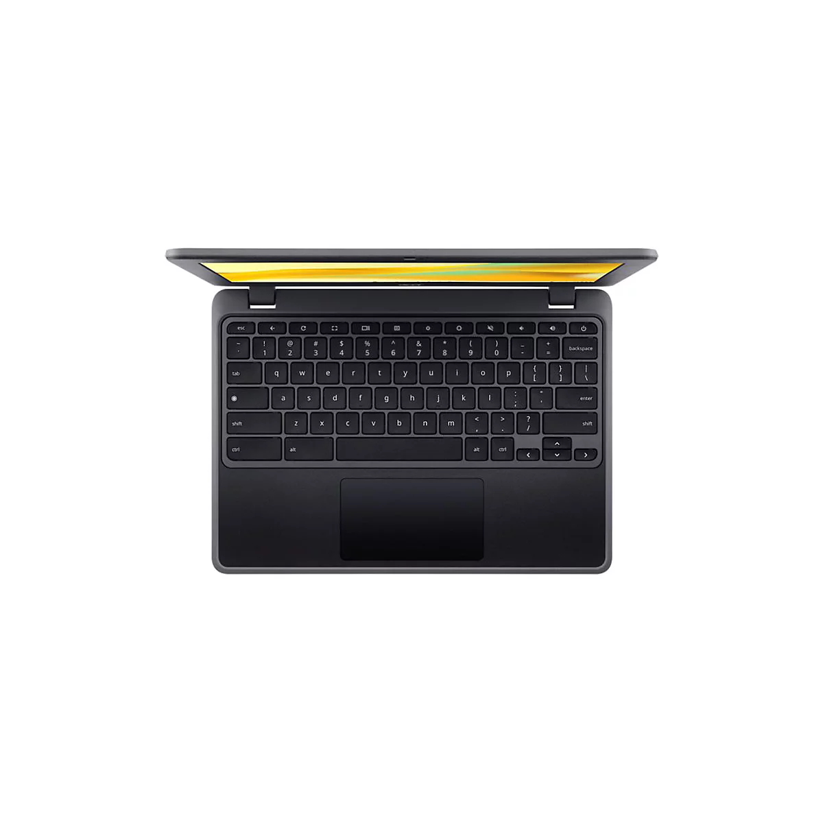 Draufsicht auf ein schwarzes Laptop-Keyboard mit leicht geöffnetem Bildschirm. Buchstaben und Zeichen sind deutlich erkennbar.