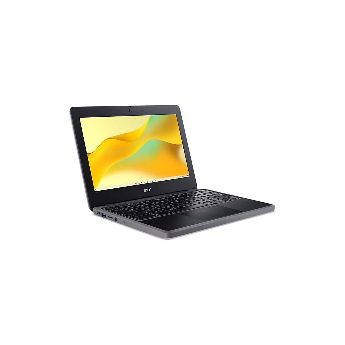 Schwarzes Acer Chromebook, geöffnet. Auf dem Bildschirm gelbe und grüne Wellen vor weißem Hintergrund. Tastatur, Touchpad und Logo sichtbar.