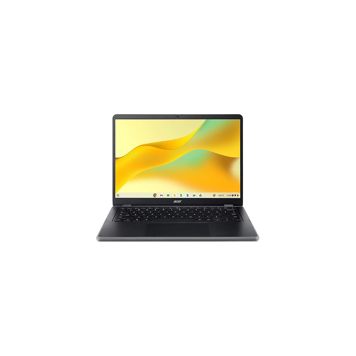 Schwarzes Acer Chromebook, geöffnet, auf weißem Hintergrund. Bildschirm zeigt gelbe Wellen. Tastatur sichtbar.