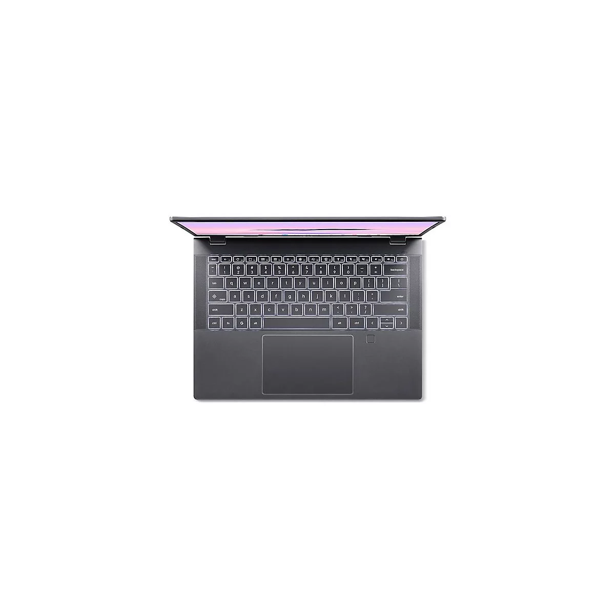 Draufsicht auf ein dunkelgraues Laptop mit beleuchteter Tastatur und Touchpad vor weißem Hintergrund.
