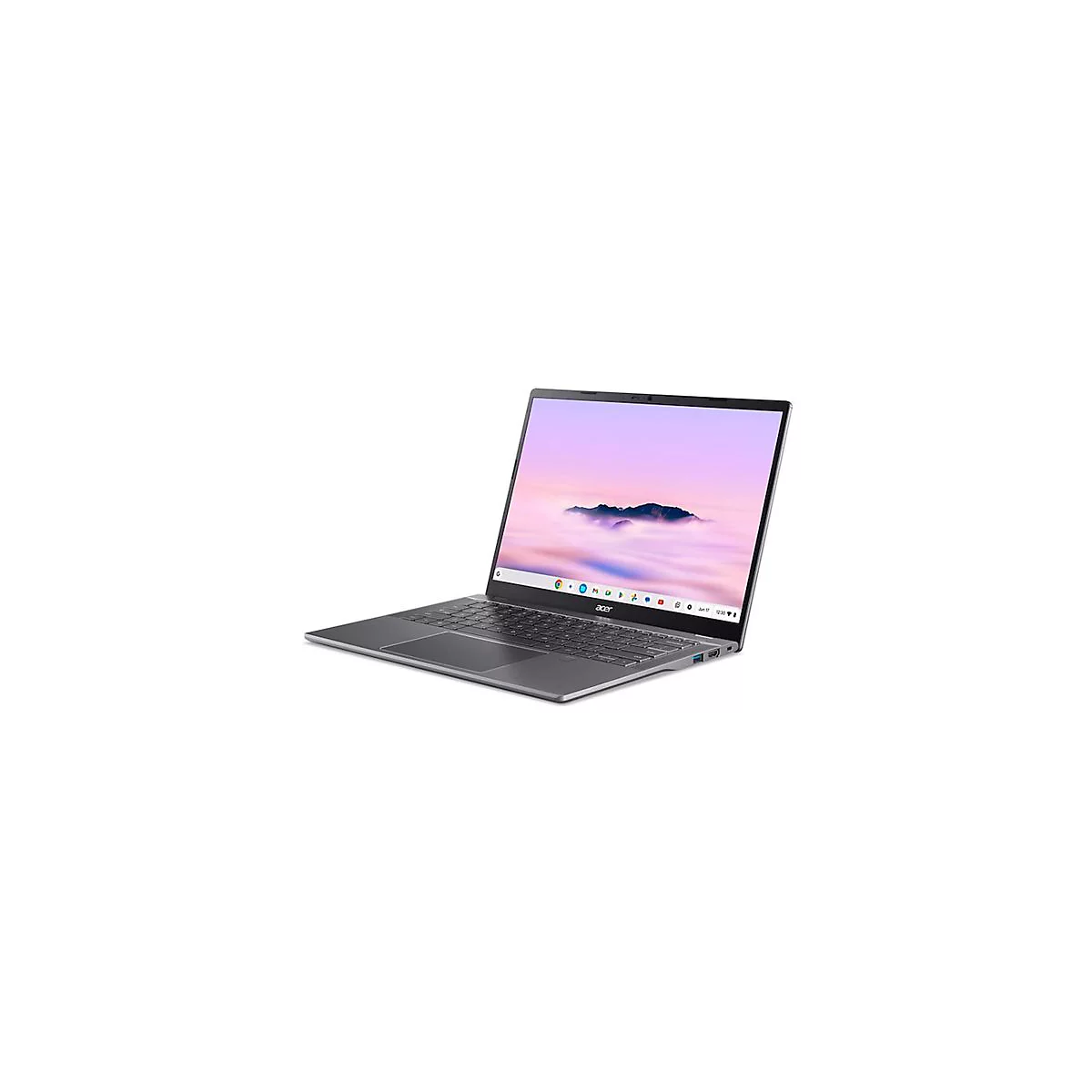 Ein silberner Acer Chromebook Laptop, leicht seitlich geöffnet vor weißem Hintergrund.