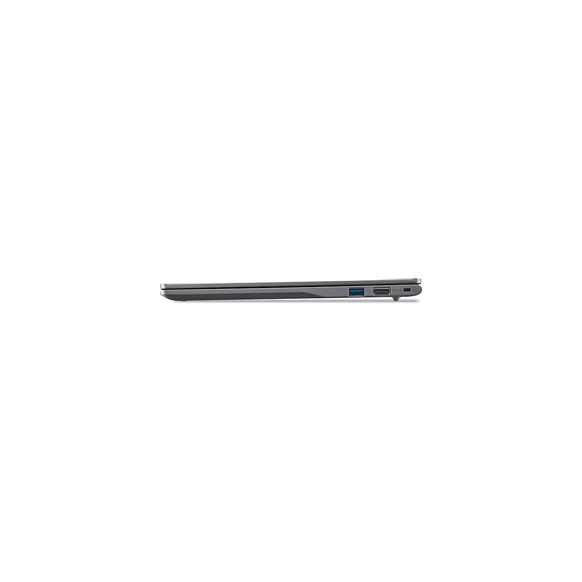 Seitliche Ansicht eines geschlossenen grauen Laptops mit sichtbaren USB- und HDMI-Anschlüssen.