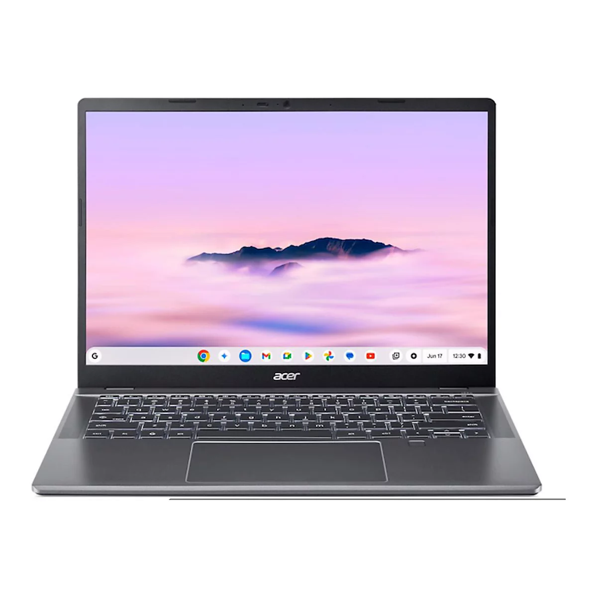 Aufgeklappter, grauer Acer Chromebook Laptop vor weißem Hintergrund mit aktivem Desktop.