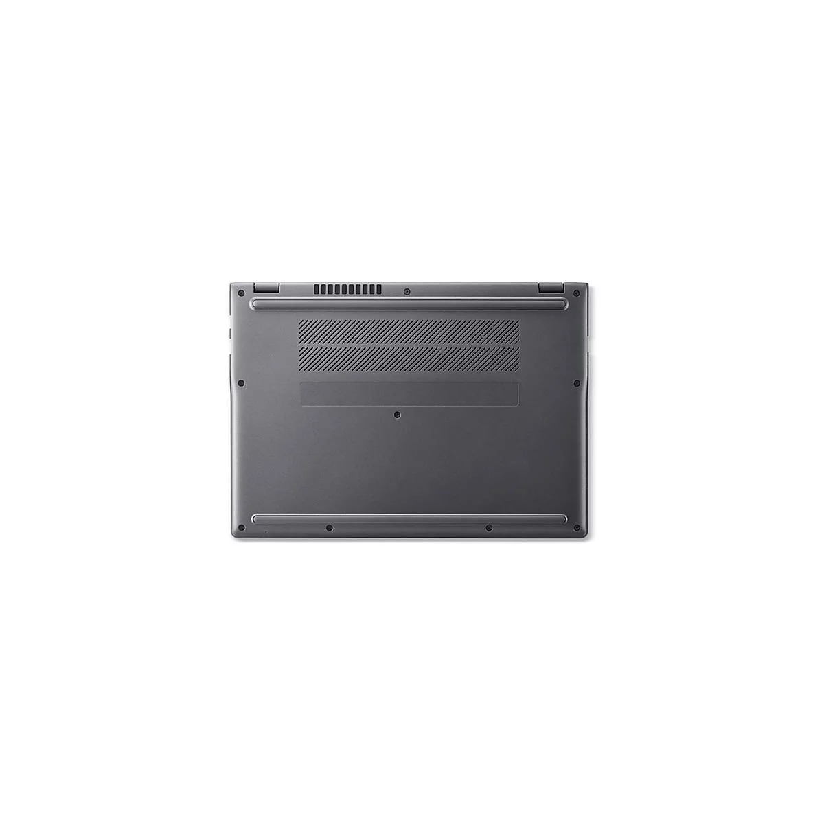 Die Unterseite eines grauen Laptops mit Belüftungsschlitzen und Gummifüßen auf weißem Hintergrund.