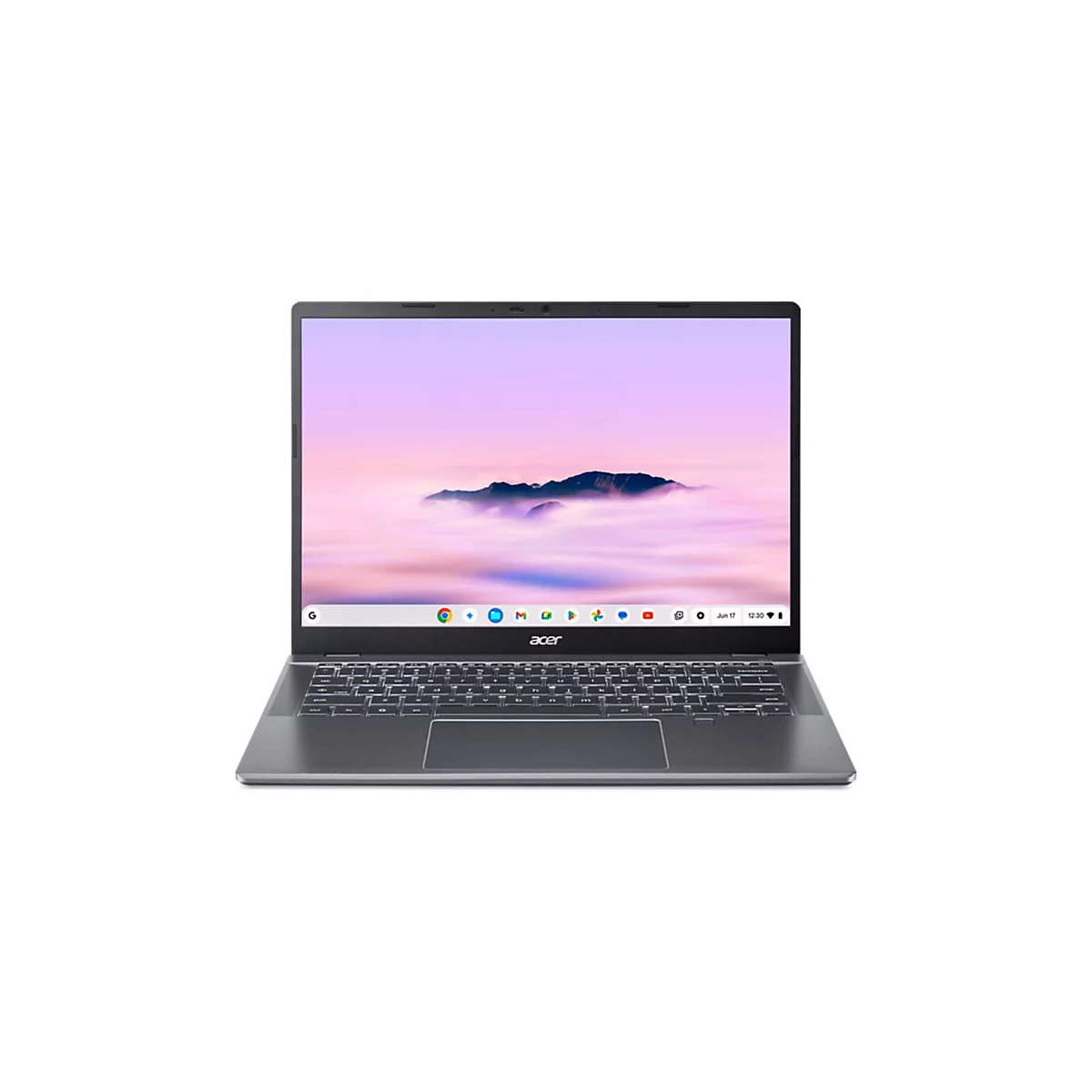 Grauer Laptop mit beleuchteter Tastatur. Auf dem Bildschirm ist eine Landschaft mit Bergen und Wolken zu sehen. Unten steht: Jun 17 12:30