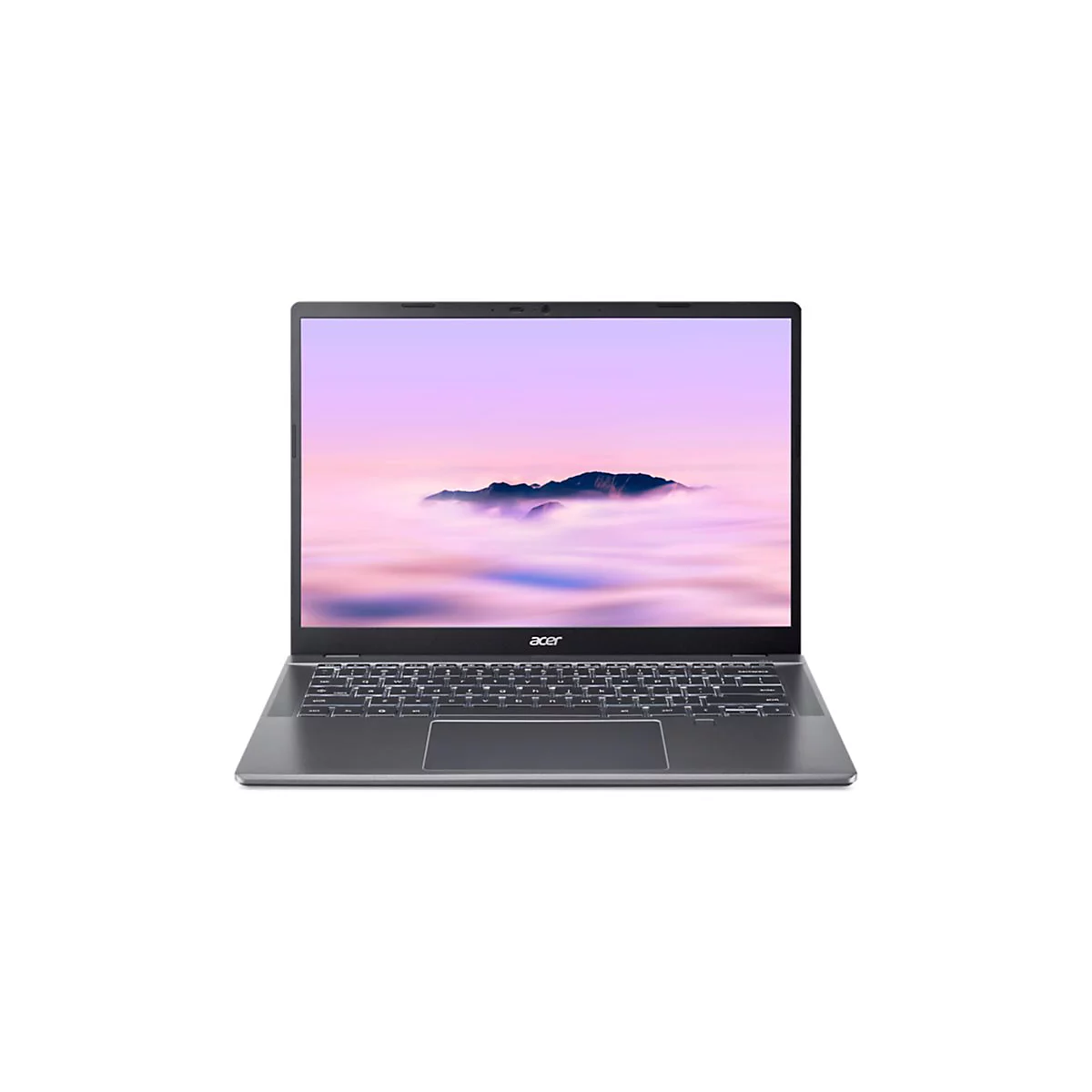 Acer Laptop von vorne mit dunklem Gehäuse und hellem Berg-Hintergrund auf dem Display.