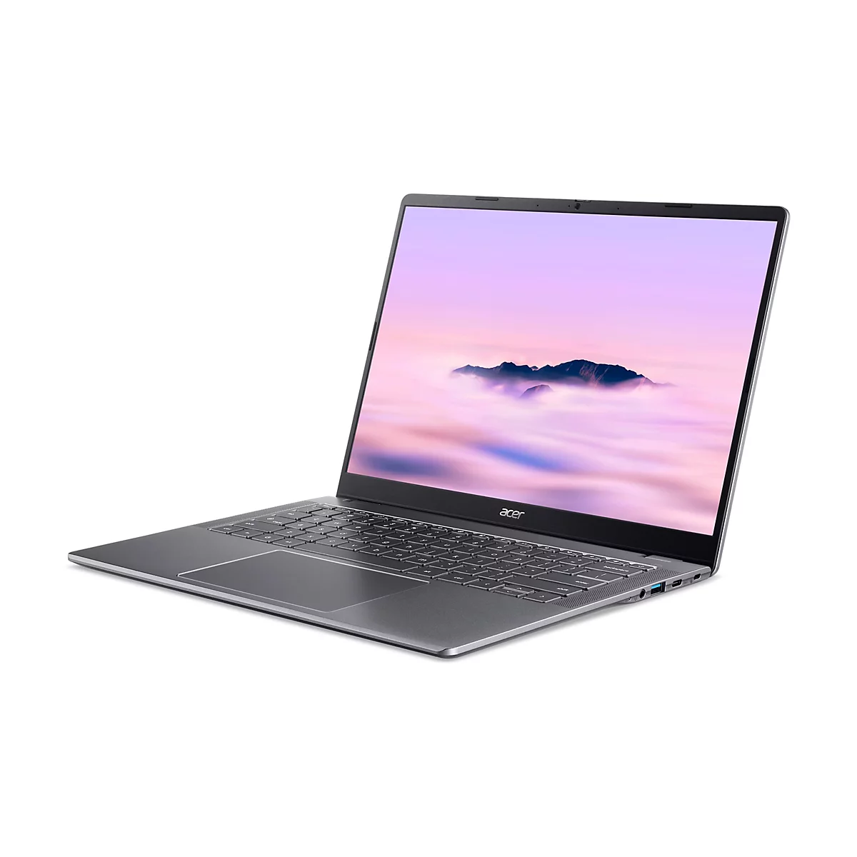 Grauer Laptop mit offenem Display. Auf dem Bildschirm ist ein Bergpanorama mit Wolken zu sehen. Die Tastatur liegt frei.