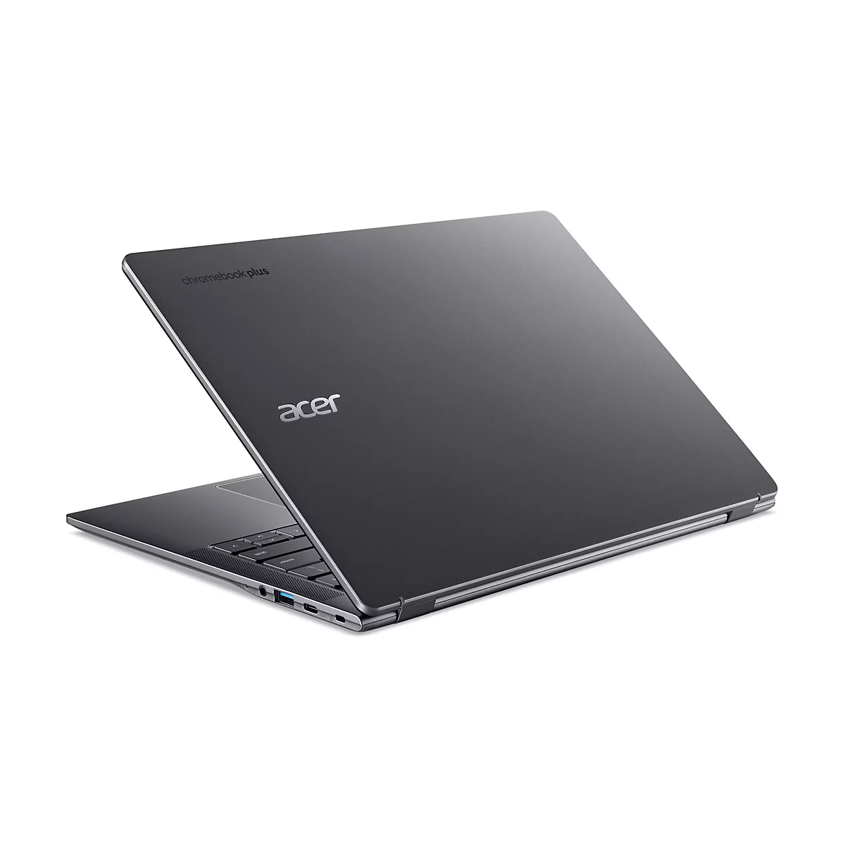 Dunkelgrauer Acer Chromebook Plus Laptop, halb geöffnet, von hinten rechts gesehen.