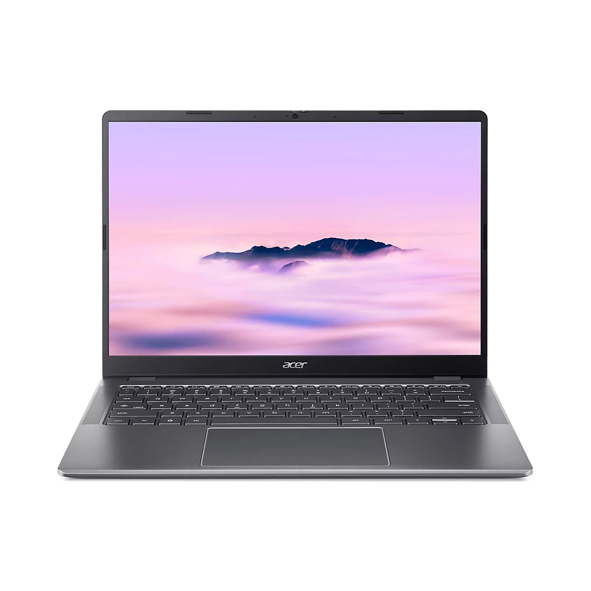 Ein grauer Laptop mit dem Logo "acer" ist vor weißem Hintergrund abgebildet. Der Bildschirm zeigt eine Landschaft mit Bergen und Nebel.