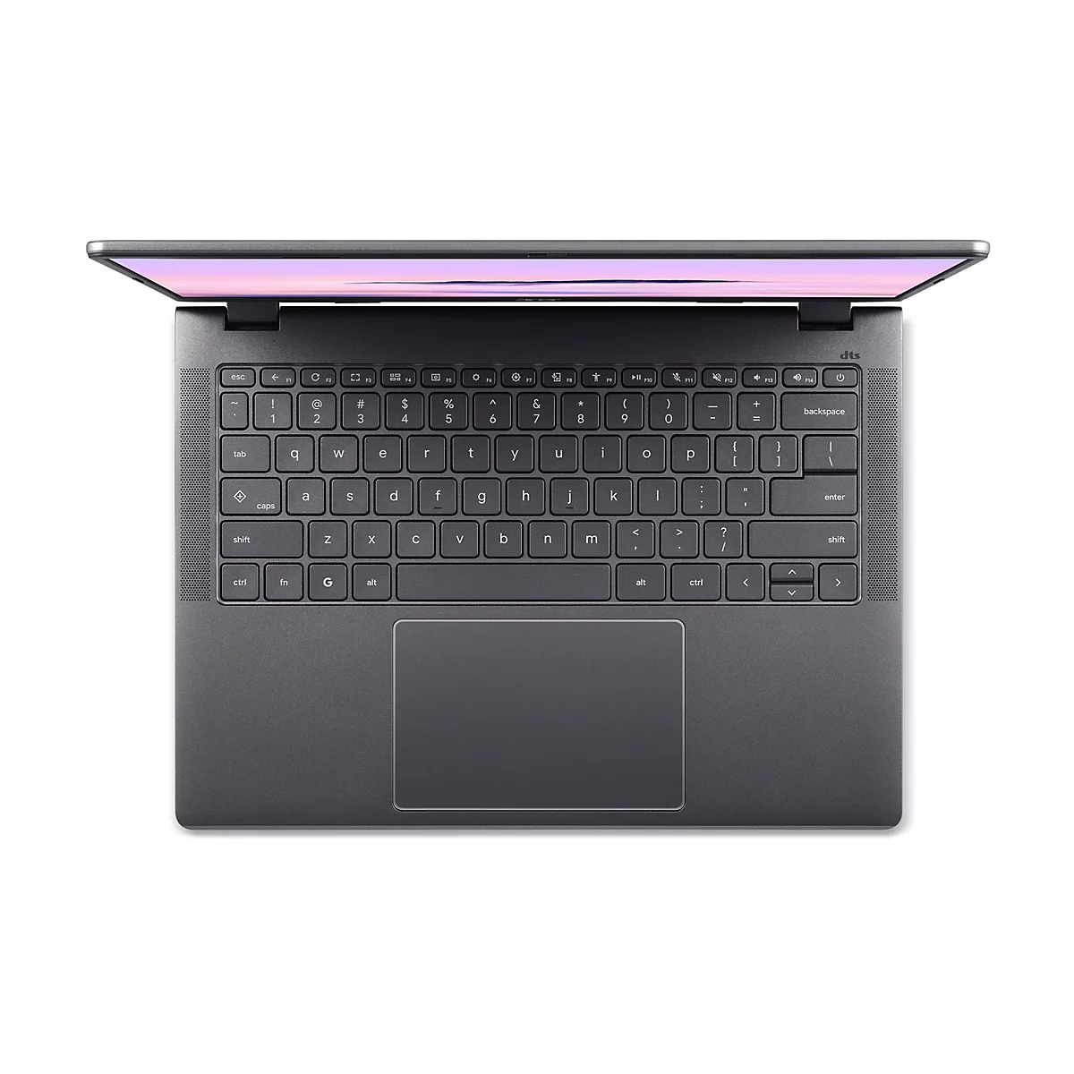 Draufsicht auf ein graues Laptop mit geöffnetem Bildschirm. Die Tastatur ist vollständig zu sehen.