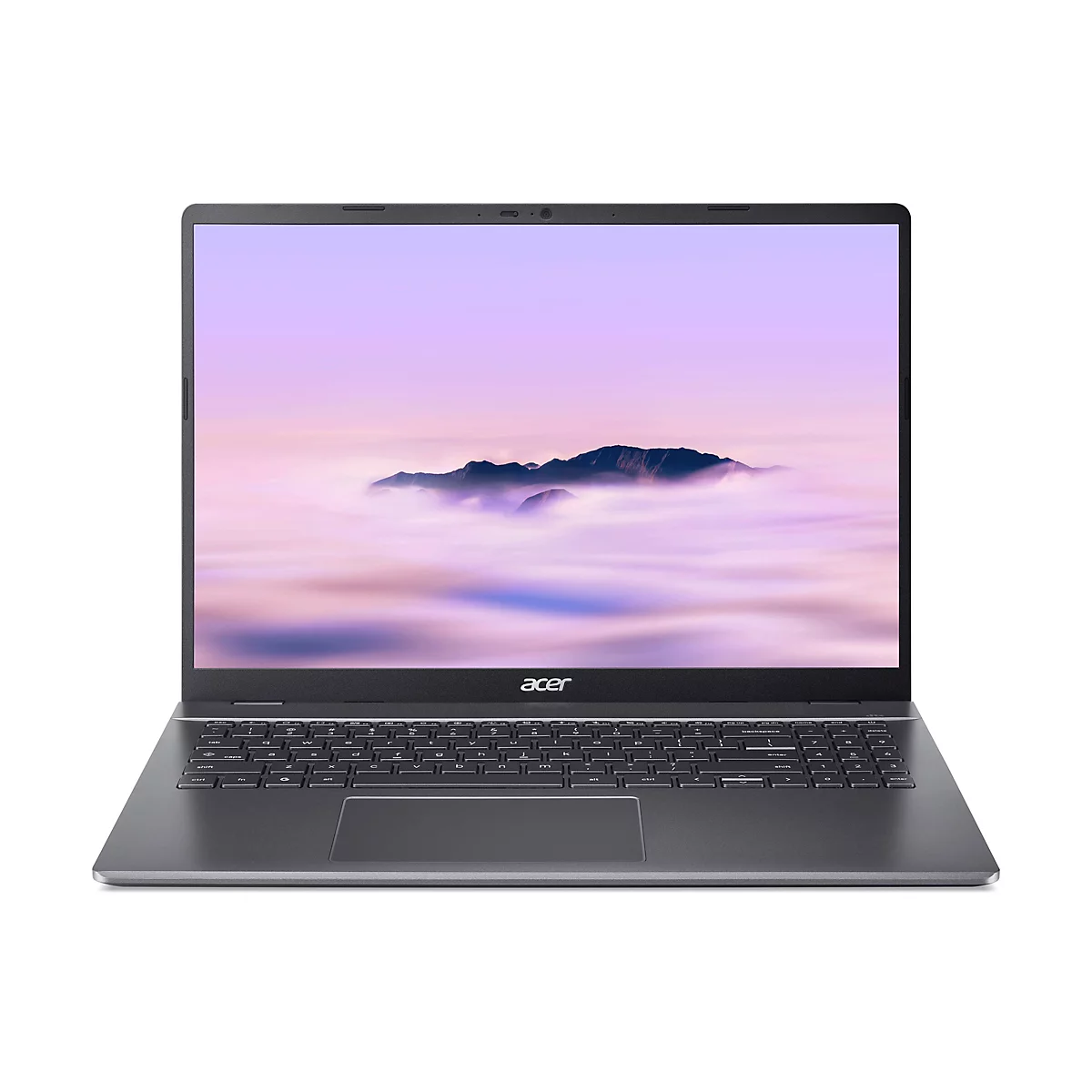 Ein grauer Acer Laptop mit offenem Bildschirm, der eine Berglandschaft mit Wolken zeigt. Die Tastatur ist ebenfalls grau, der Hintergrund weiß.