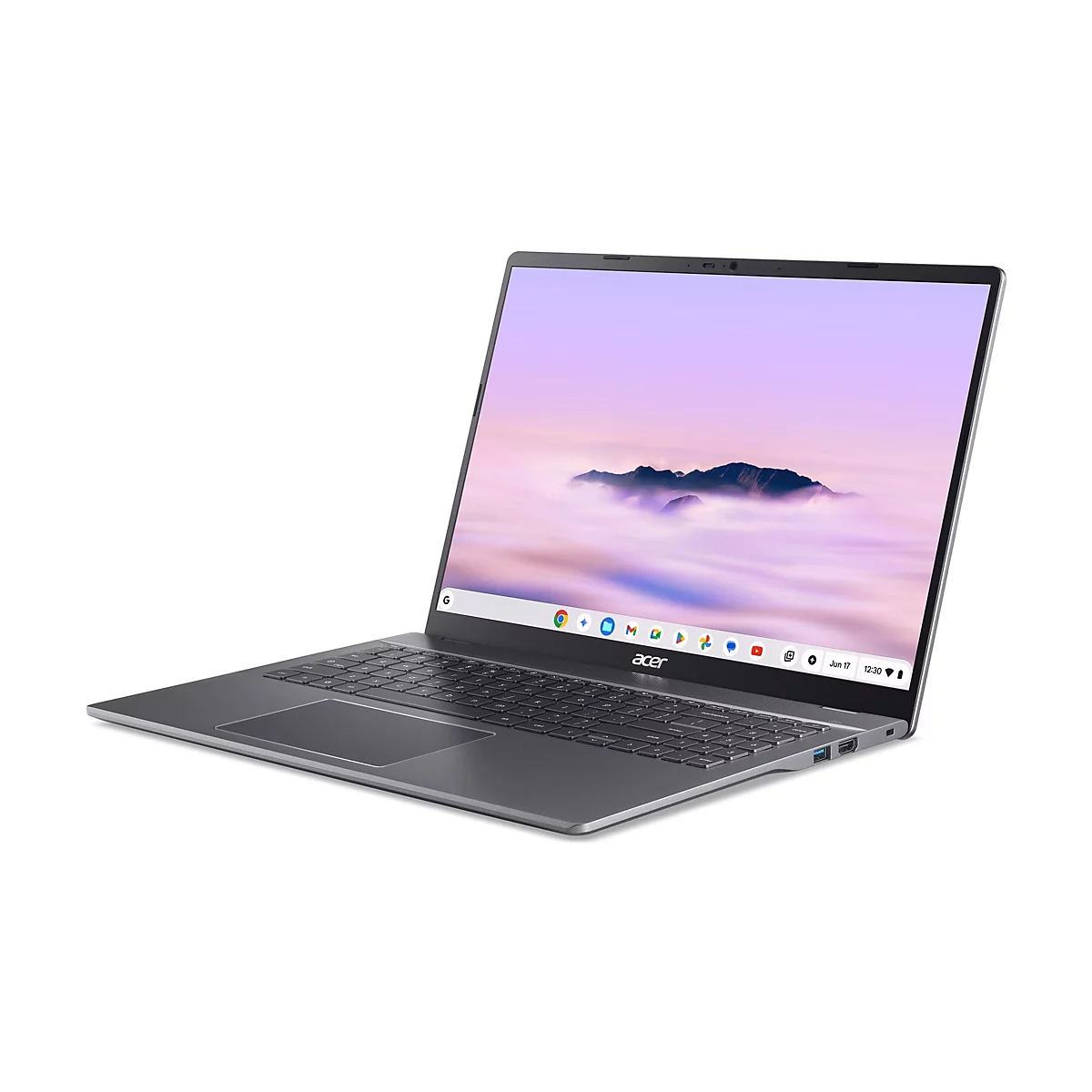 Grauer Laptop mit offenem Bildschirm, der eine Berglandschaft zeigt. Das Acer-Logo ist unterhalb des Bildschirms zu sehen. Auf dem Display befinden sich App-Icons.