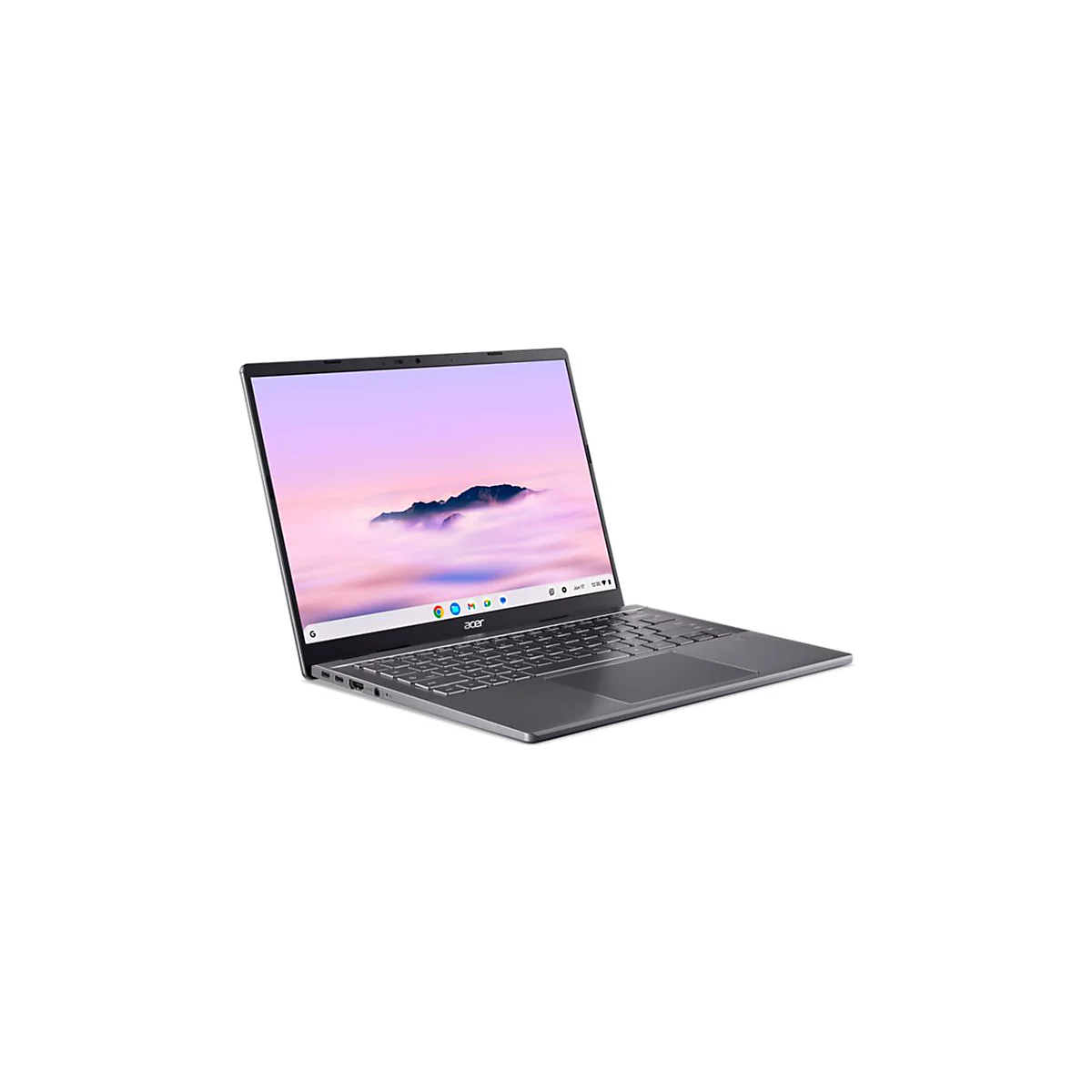 Grauer Laptop, leicht geöffnet, auf weißem Hintergrund. Der Bildschirm zeigt Wolken und Berge, das Acer-Logo ist sichtbar.