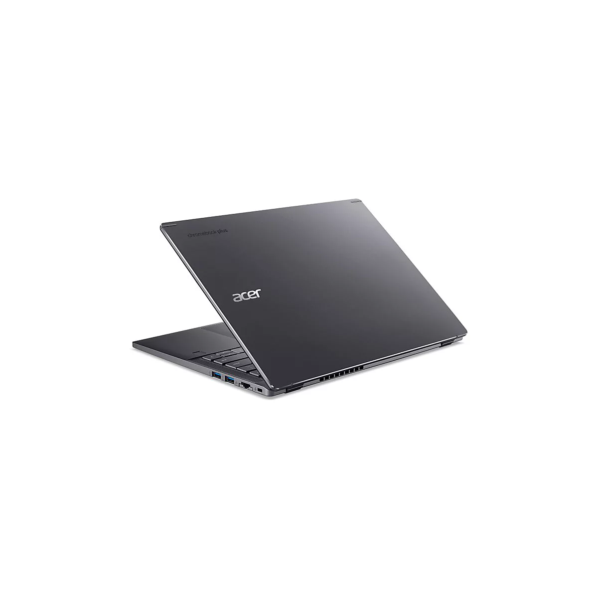 Dunkelgraues Acer Chromebook Plus Laptop, teilweise geöffnet, mit Acer-Logo und 'Chromebook Plus' Schriftzug.